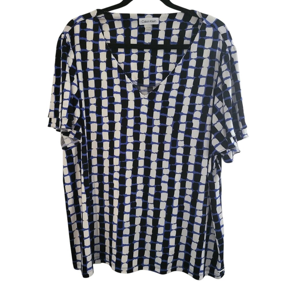 CALVIN KLEIN | V-Neck Ruffle Short Sleeve Business Casual Blouse